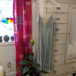 cottage core sage green midi dress with lace